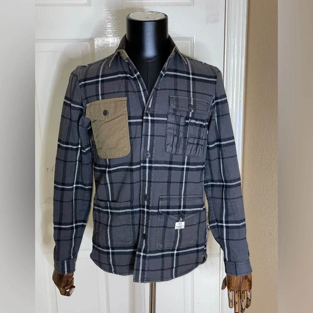 Diesel Chore Shirt Jacket Overshirt Flannel Check Leather Collar Small Mens‌‌‌‌ - Picture 2 of 13